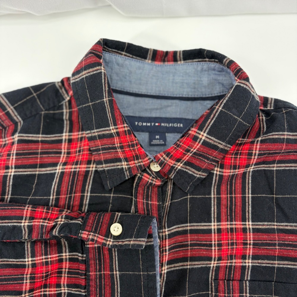Tommy Hilfiger Womens Red Black Plaid Roll Tab Sleeve Button Up Shirt M